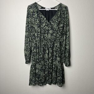 RESERVED Dress Womens Large Black Green Floral Chiffon Flare Mini Long Sleeve